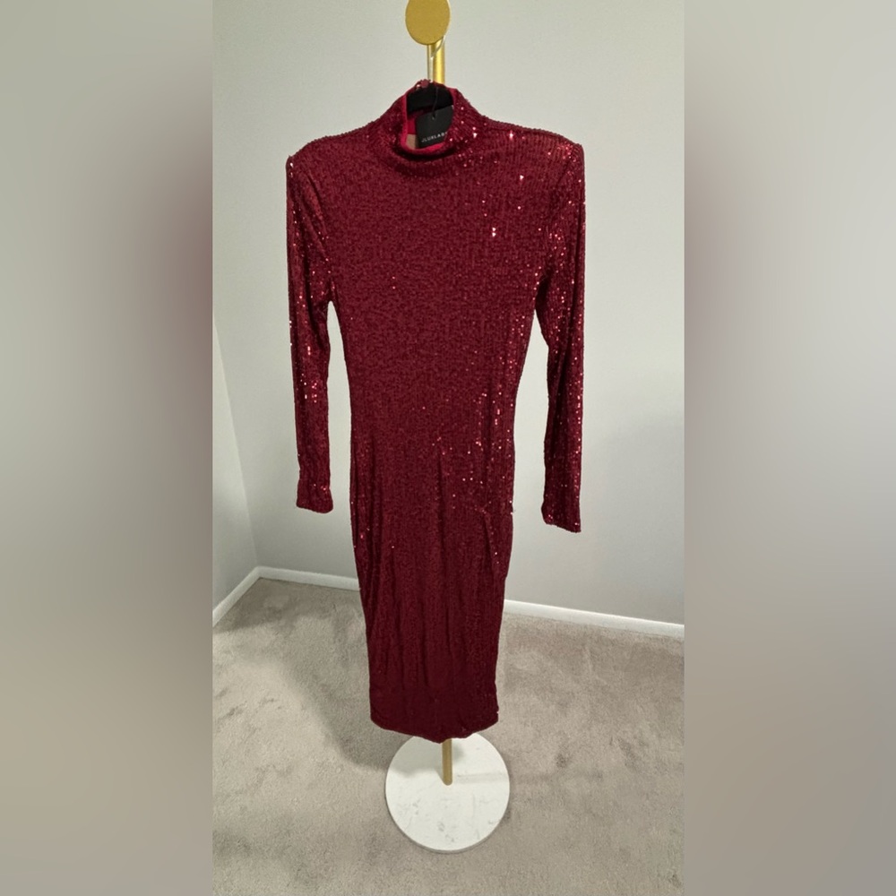 JLUXLABEL Burgundy Sequin Long Sleeve Dress